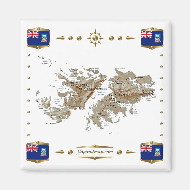 Falklandsöarna Karta + Flaggor Magnet (Framsidan)