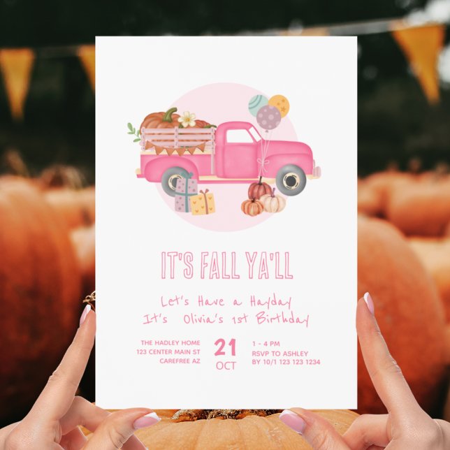 Fall 1:a födelsedag Pumpkin Rosa Lastbil Inbjudningar (Skapare uppladdad)