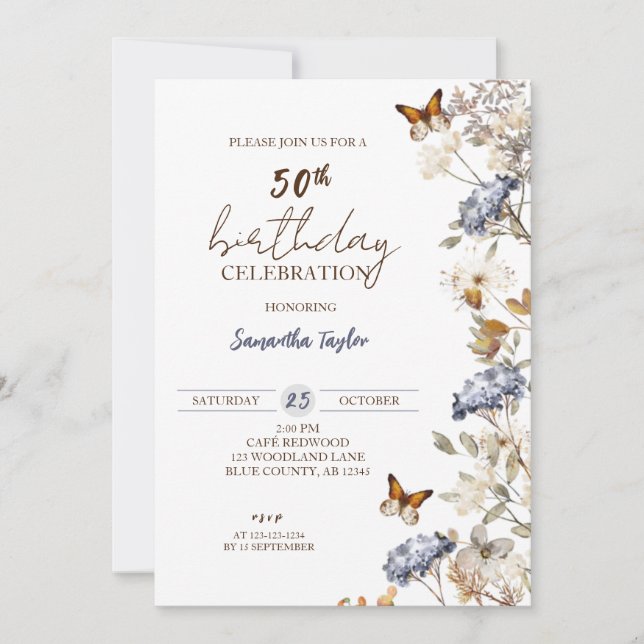 Fall 50 födelsedag, Blommigt födelsedag Inbjudningar (Framsida)