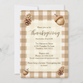 Fall Acorns Gräs Cones Brown Gingham Thanksgiving Inbjudningar