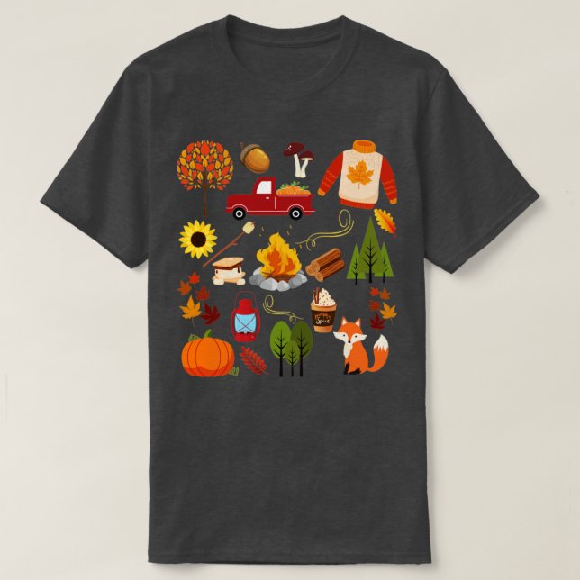 Fall Älskare Collage Lövs Pumpkins Campfire T Shirt (Design framsida)
