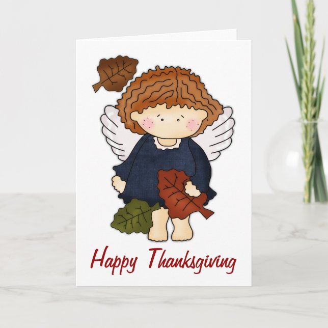 Fall Angel med Löv Happy thanksgiving Card Helgkort (Framsida)
