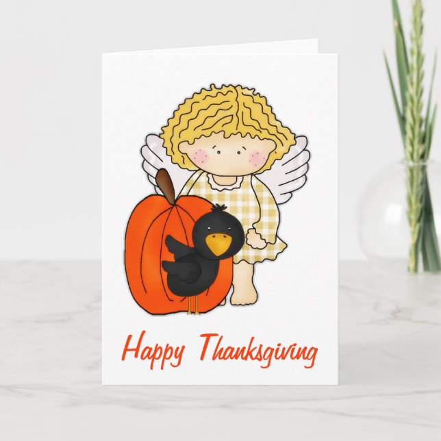 Fall Angel med Pumpkin & Kråka Thanksgiving Card Helgkort (Framsida)