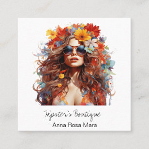 *~* FALL AP57 QR Boho Flowers Hair Hippie Dam Fyrkantigt Visitkort