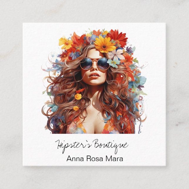 *~* FALL AP57 QR Boho Flowers Hair Hippie Dam Fyrkantigt Visitkort (Framsida)