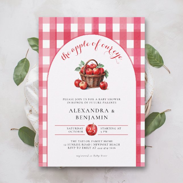 Fall Apple Harvest Rustic Red Couple Baby Shower Inbjudningar (fall baby shower invitation neutral coed couple apple of our eye harvest red gingham boho arch)