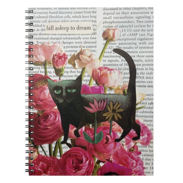 Fall Asov till Dream Black Cat Shock rosa Flowers Anteckningsbok (Framsidan)