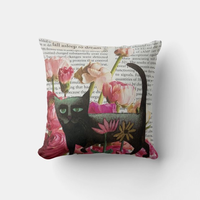 Fall Asov till Dream Black Cat Shock rosa Flowers Kudde (Framsida)