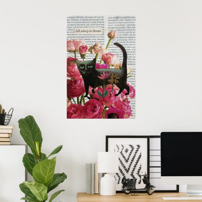 Fall Asov till Dream Black Cat Shock rosa Flowers Poster (Hemmakontoret)