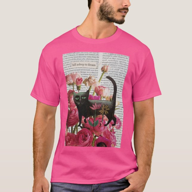 Fall Asov till Dream Black Cat Shock rosa Flowers T Shirt (Framsida)