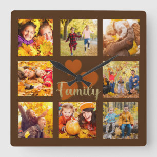 Fall Autumn 8 Photo Brown Guld Orange Heart Family Fyrkantig Klocka