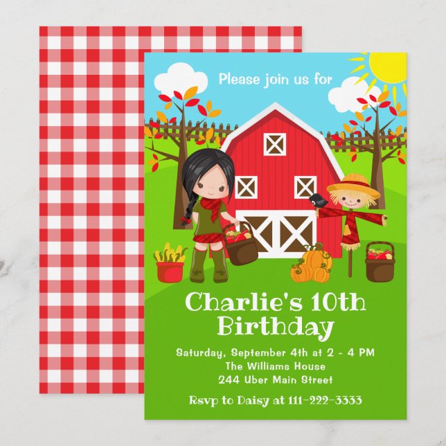 Fall Autumn Barnyard Birthday Black Hair Girl Inbjudningar (Fram/baksida)