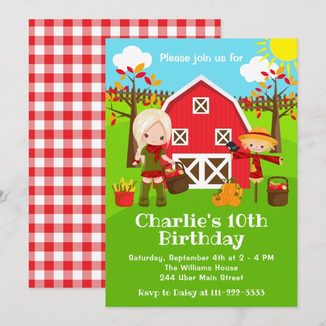 Fall Autumn Barnyard Birthday Blonde Hair Girl Inbjudningar (Fram/baksida)