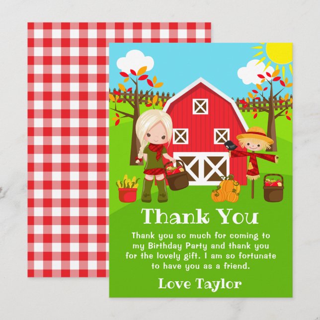 Fall Autumn Barnyard Birthday Blonde Hair Girl Tack Kort (Fram/baksida)