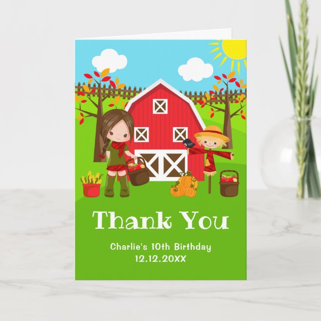 Fall Autumn Barnyard Birthday Brown Hair Girl Tack Kort (Framsida)