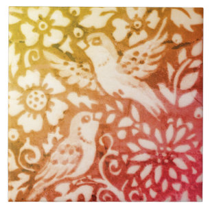 Fall Autumn Bird Guld Copper Coral Woodland Löv Kakelplatta