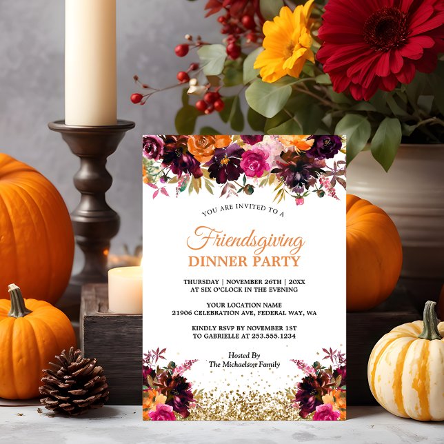 Fall Autumn Blommigt Guld Glitter Friendsgiving Inbjudningar (Fall Autumn Floral Gold Glitter Friendsgiving Invitation
)