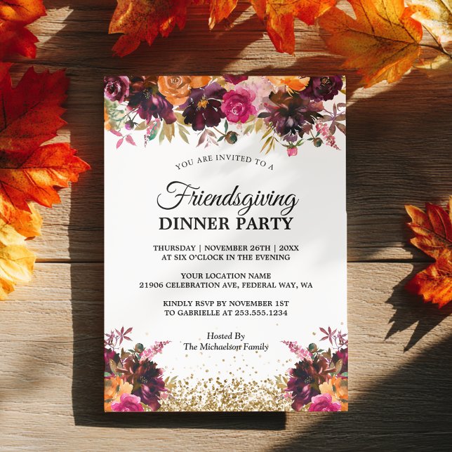 Fall Autumn Blommigt Guld Glitter Friendsgiving Inbjudningar (Fall Autumn Floral Gold Glitter Friendsgiving Invitation)