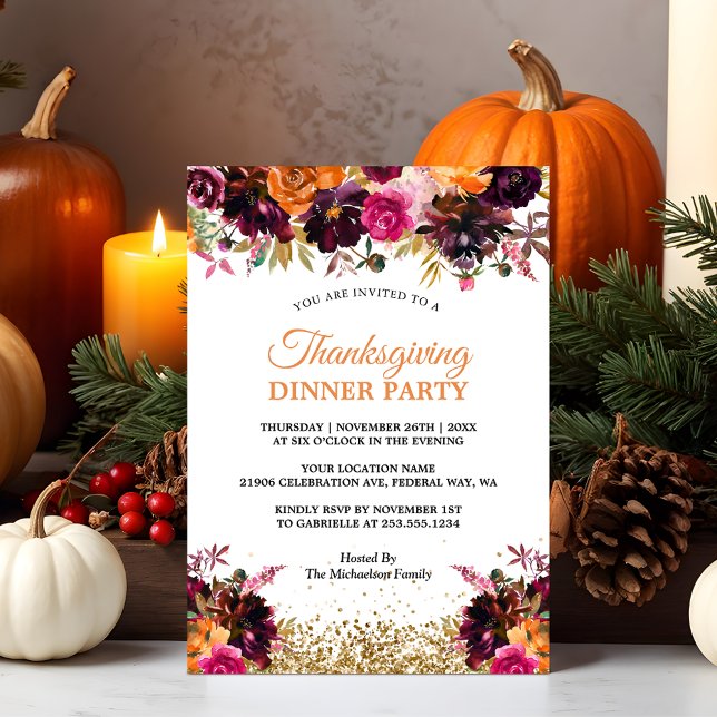 Fall Autumn Blommigt Guld Glitter Thanksgiving Inbjudningar (Rustic Floral Thanksgiving Dinner Party)