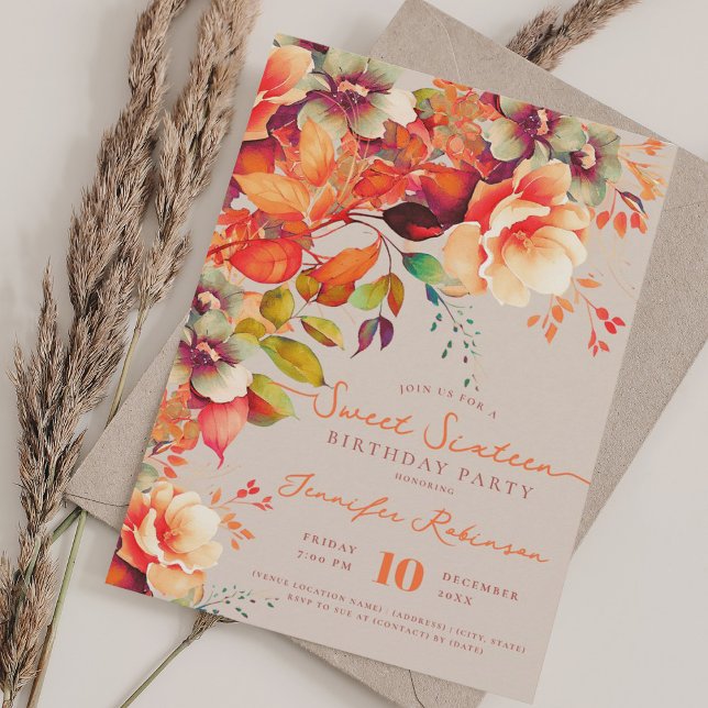 Fall Autumn Floral Sweet 16 Birthday Champagne Inbjudningar (Fall Autumn Floral Sweet 16 Birthday Champagne Invitation)