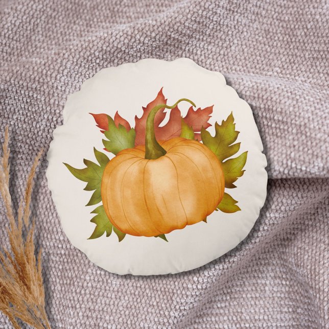 Fall Autumn Foliage Pumpkin Rund Kudde (Skapare uppladdad)