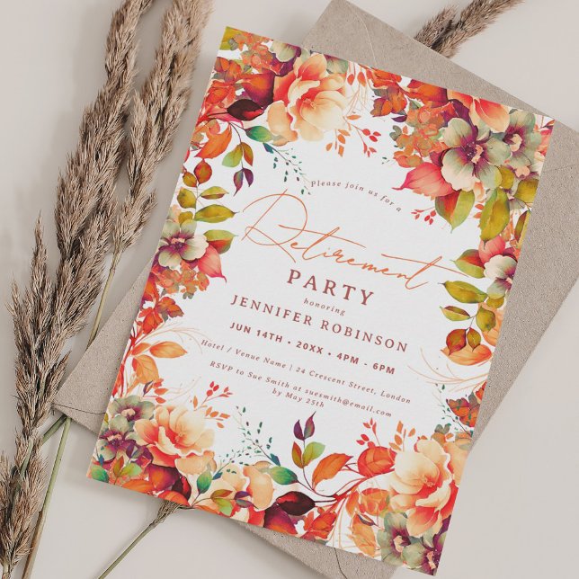 Fall Autumn Garden Blommigt Pension Party Inbjudningar (Fall Autumn Garden Floral Retirement Party Invitation)