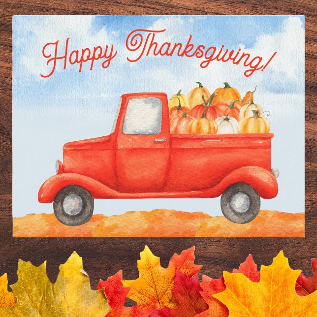 Fall Autumn Harvest Lastbil Happy thanksgiving Vykort (Happy Thanksgiving card to celebrate the holiday with family and friends. )