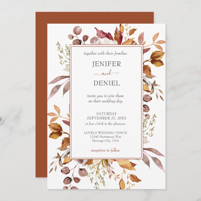 Fall Autumn Leaves Rustic Country Boho Wedding Inbjudningar (Fram/baksida)