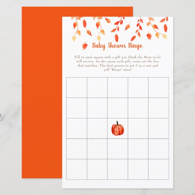 Fall Autumn Little Pumpkin Baby Shower Bingo Game (Fram/baksida)