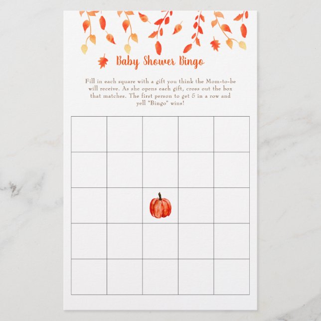 Fall Autumn Little Pumpkin Baby Shower Bingo Game Flygblad (Framsidan)