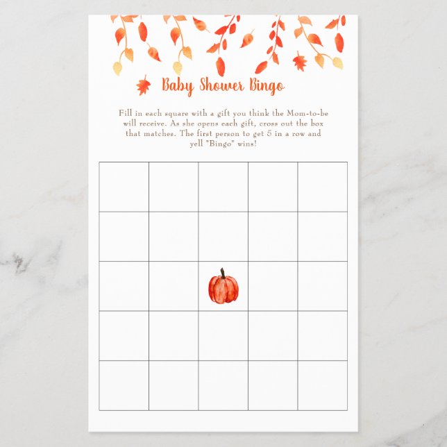 Fall Autumn Little Pumpkin Baby Shower Bingo Game Flygblad (Framsidan)