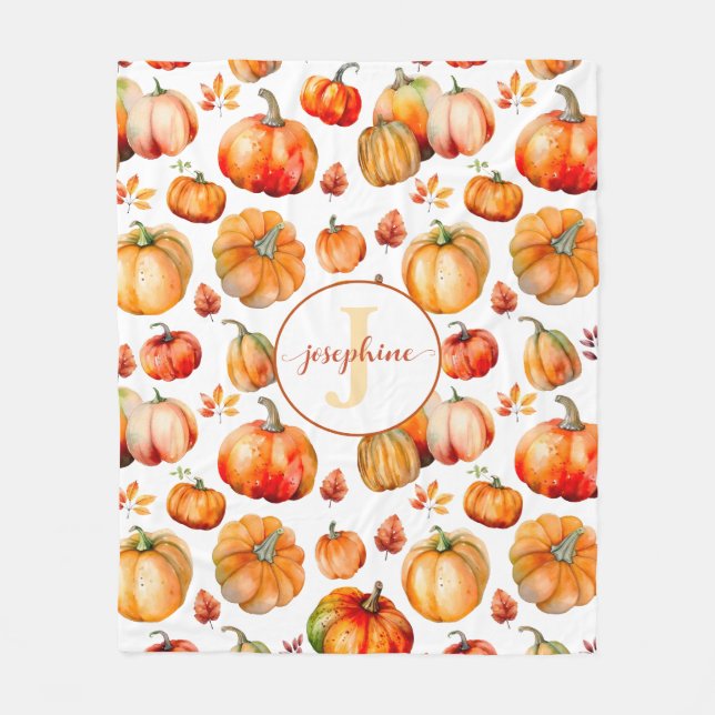 Fall Autumn Monogram Namn Pumpkins Fleece Blanket (Framsidan)