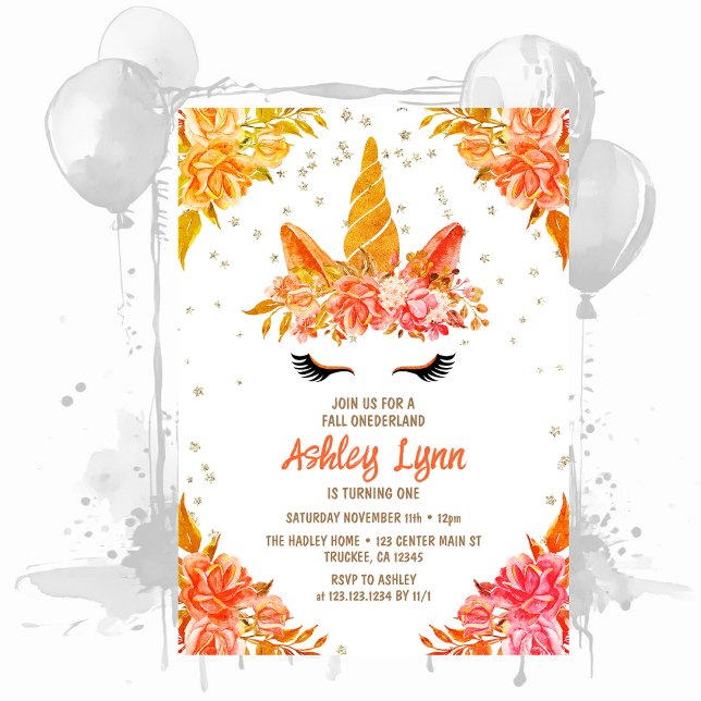 Fall Autumn Onederland Unicorn 1:a födelsedagen Inbjudningar (Skapare uppladdad)