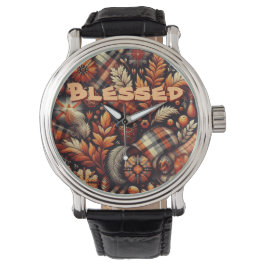 Fall Autumn Plaid Leaves Orange Personalized Armbandsur