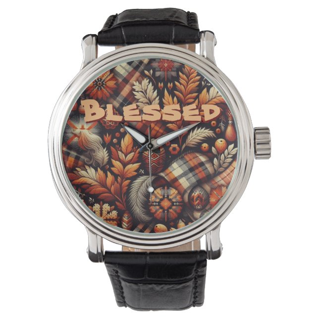 Fall Autumn Plaid Leaves Orange Personalized Armbandsur (Framsida)