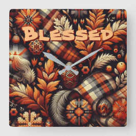 Fall Autumn Plaid Leaves Orange Personalized Fyrkantig Klocka