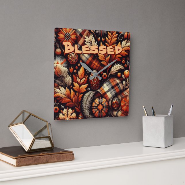 Fall Autumn Plaid Leaves Orange Personalized Fyrkantig Klocka (Kontor)