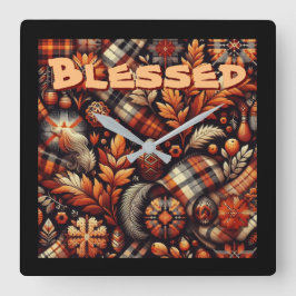 Fall Autumn Plaid Leaves Orange Personalized Fyrkantig Klocka