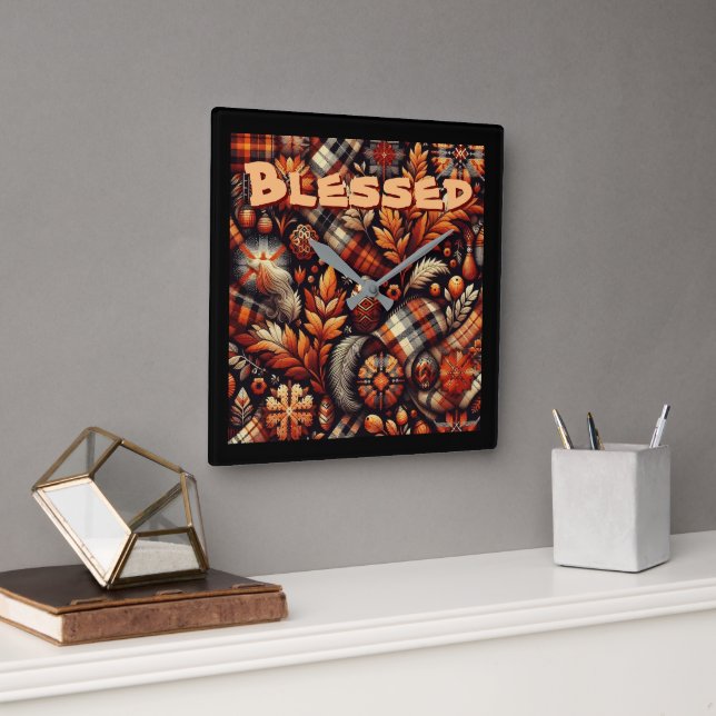 Fall Autumn Plaid Leaves Orange Personalized Fyrkantig Klocka (Kontor)