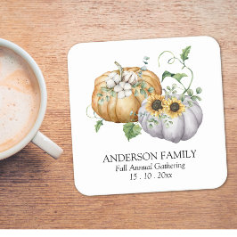 Fall Autumn Pumpkin Solros och bomullsblommor Underlägg Papper Kvadrat