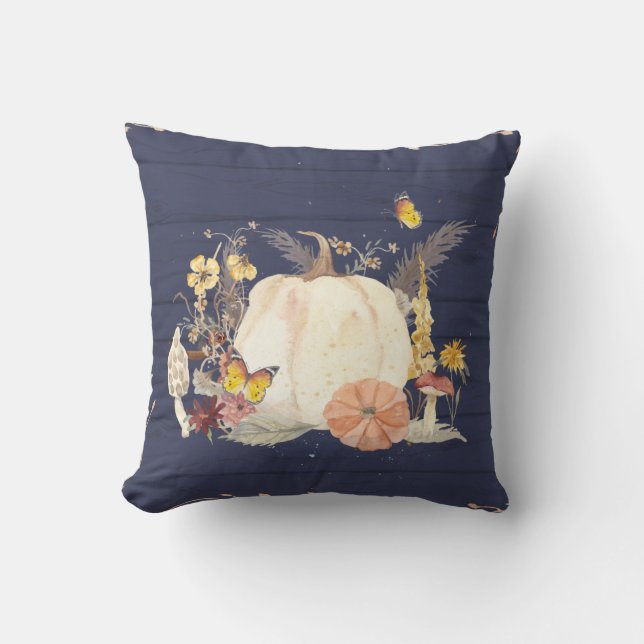 Fall Autumn Pumpkin Wildblommor Navy Blue Wood Kudde (Framsida)