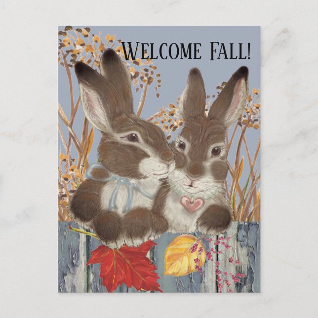 Fall Autumn Rabbit Bunny Lövs Whimsical Painting Helg Vykort (Framsida)