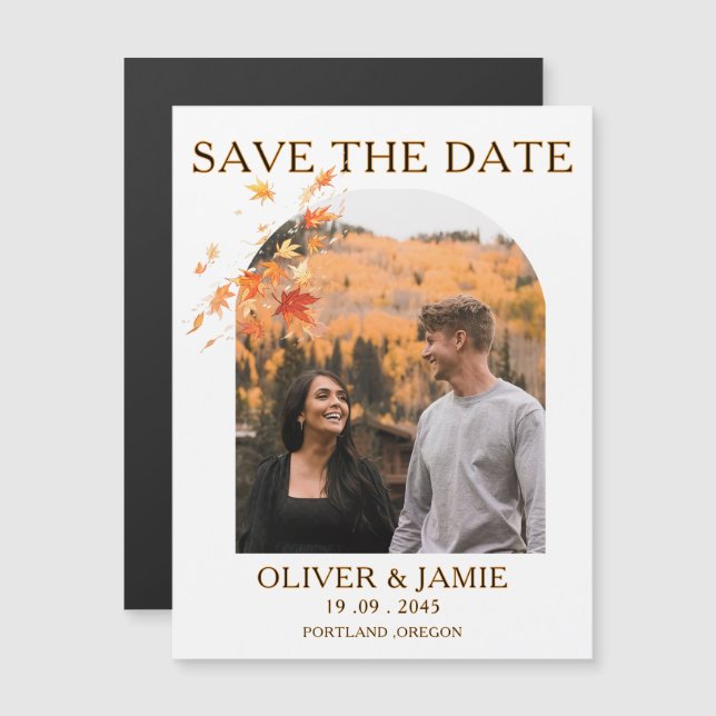 Fall Autumn Save the Date Wedding Magnetic Card (Fram/baksida)