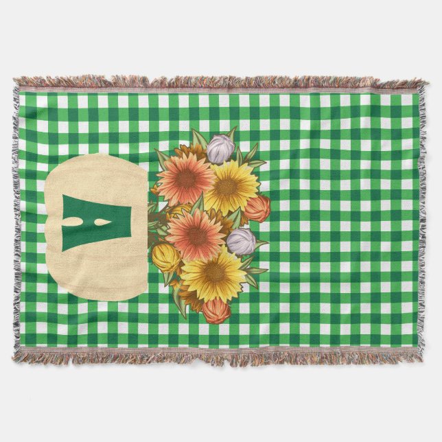 Fall Autumn Sunwers & Pumpkins Grönt Gingham Filt (Framsidan)