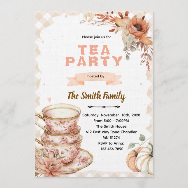 Fall autumn thanksgiving tea party invitation  inbjudningar (Framsida)