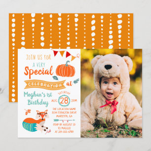 Fall Autumn Woodland Fox Pumpkin Photo Birthday Inbjudningar