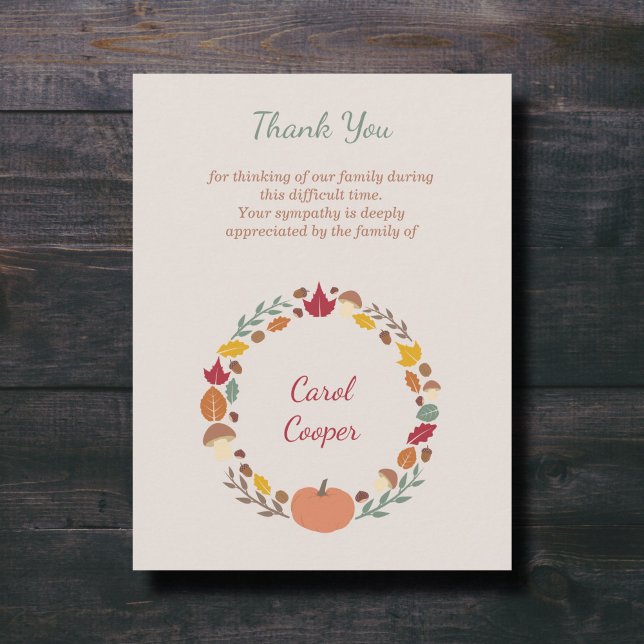 Fall av andedräkt | Begravt Tackkort-kort Inbjudningar (Fall Wreath | Funeral Thank You Note Card)