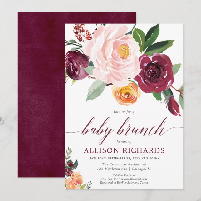 Fall baby brunch, Flickbabydusch rosa burgundy Inbjudningar (Fram/baksida)