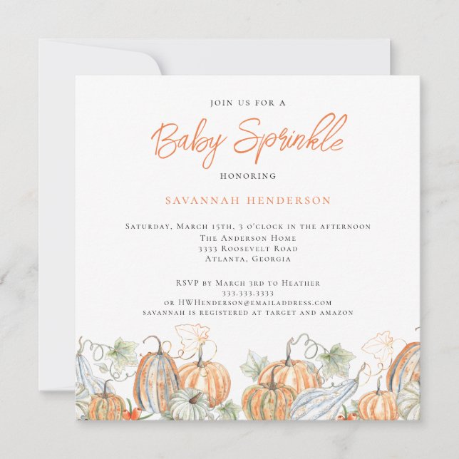 Fall Baby Shower Baby Sprinkle Pumpkin Inbjudningar (Framsida)