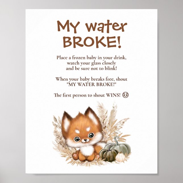 Fall Baby Shower Fox My Vatten Fattig Game Sign Poster (Framsidan)